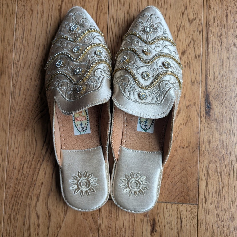 Briouel Babouche Slippers Champagne Gold Embroidered Beaded Rhinestone Sz 38
